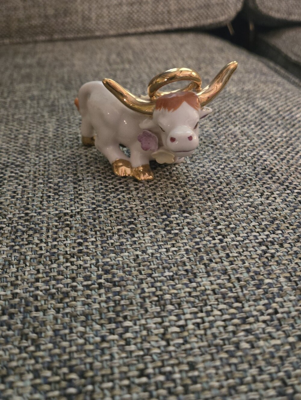 Vintage Small Gold-Accented Ceramic Cow Figurine - White with Pink Accent